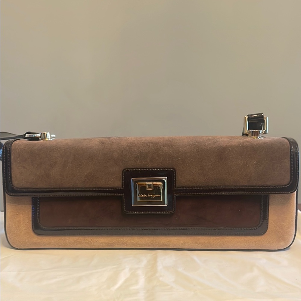 Salvatore Ferragamo Brown and Tan Suede Leather Clutch